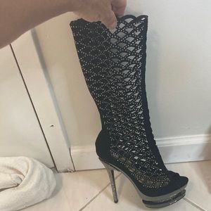 Pleaser, Black/Silver/Rhinestones, knee high, Size 8